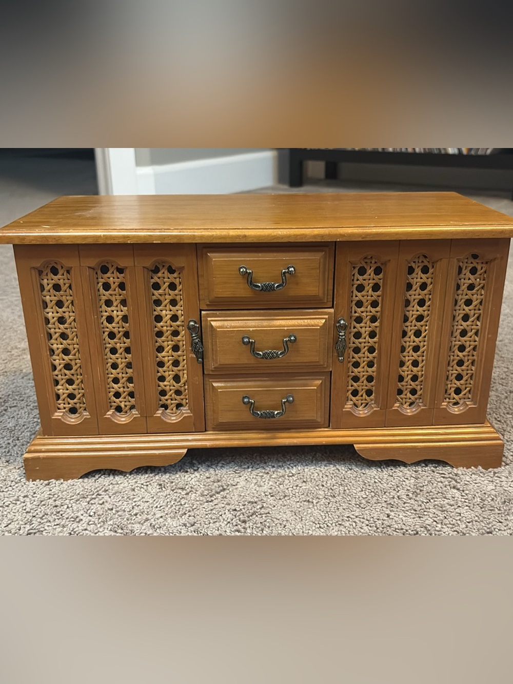 1970s large jewelry wicker box with yellow inlay